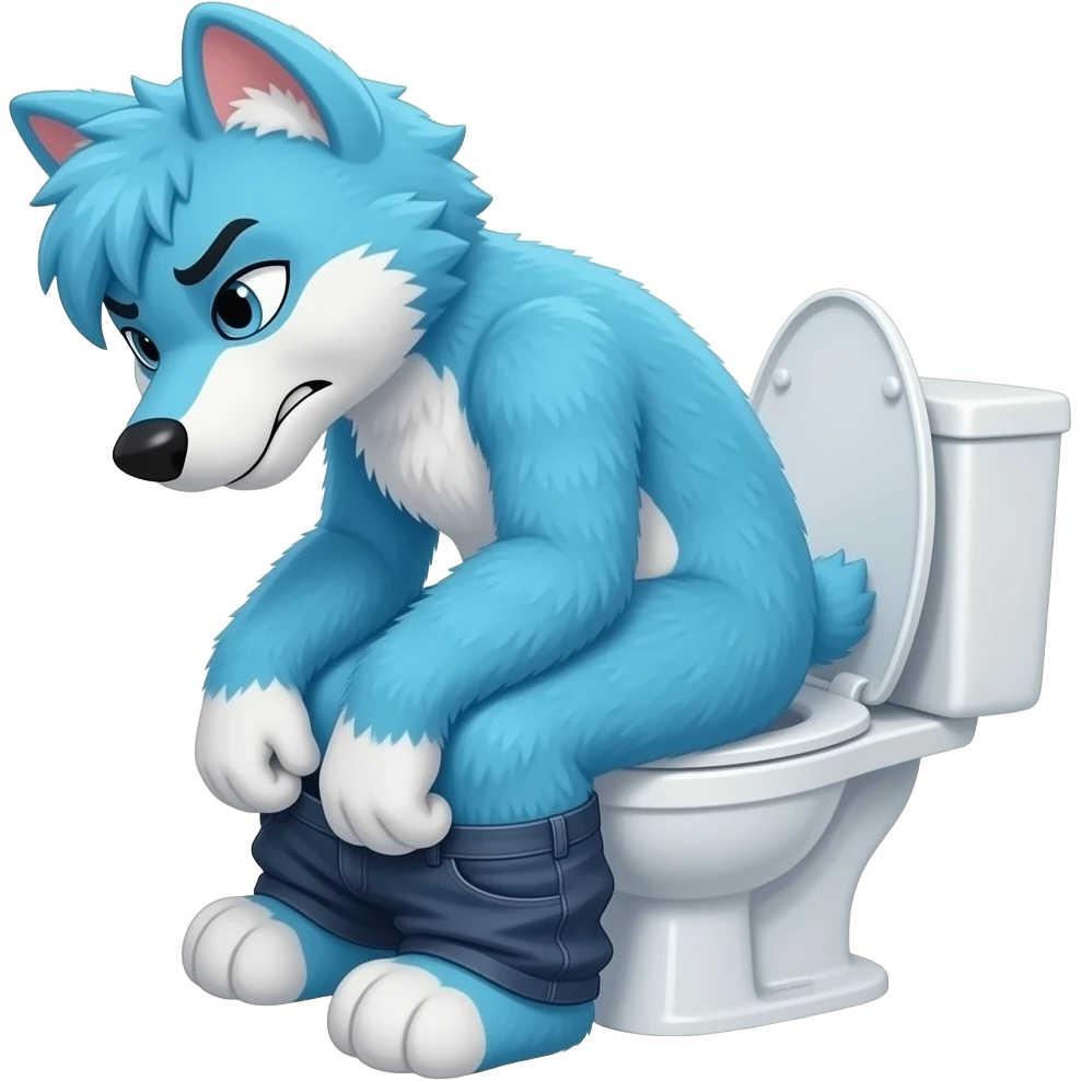 blue fursuit sitting on toilet, side view , pants down, pushing, straining face,  uncomfortable, emoji