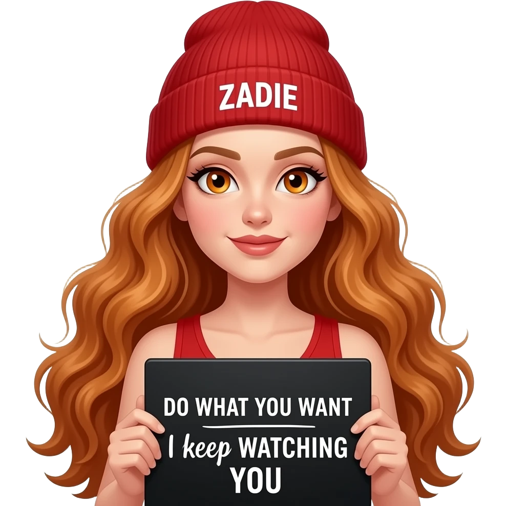 sexy girl with overlong wavy ginger hair and ginger eyes wearing a red tanktop and a red beanie with ZADIE written on it, is holding a black sign with DO WHAT YOU WANT while I keep WATCHING YOU written on it emoji