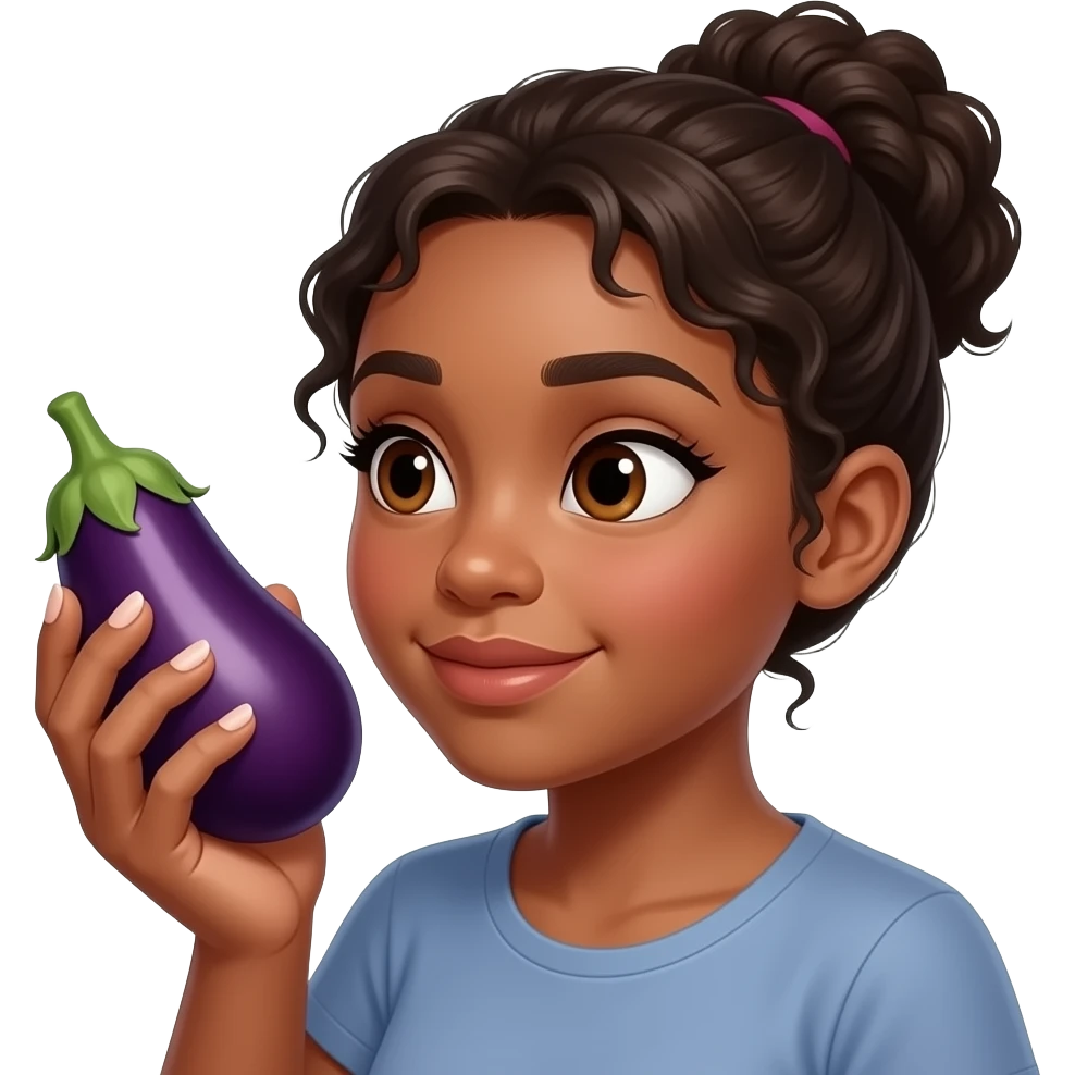 A thick light skinned girl with her nails did gripping an eggplant  looking at it passionately emoji
