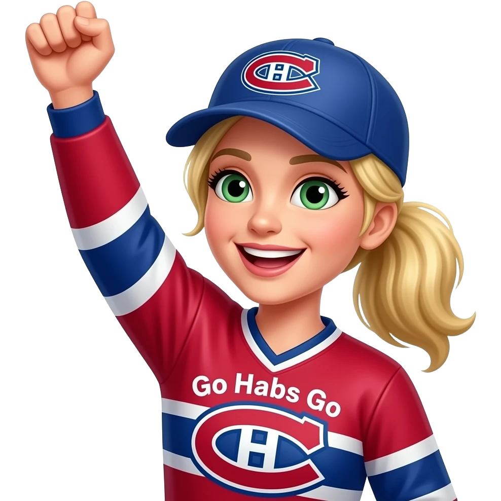 Green eyed Woman Cheering with arm in the air with blonde hair with pony tail, where Montreal Canadians cap and Go Habs Go written on jersey shirt emoji