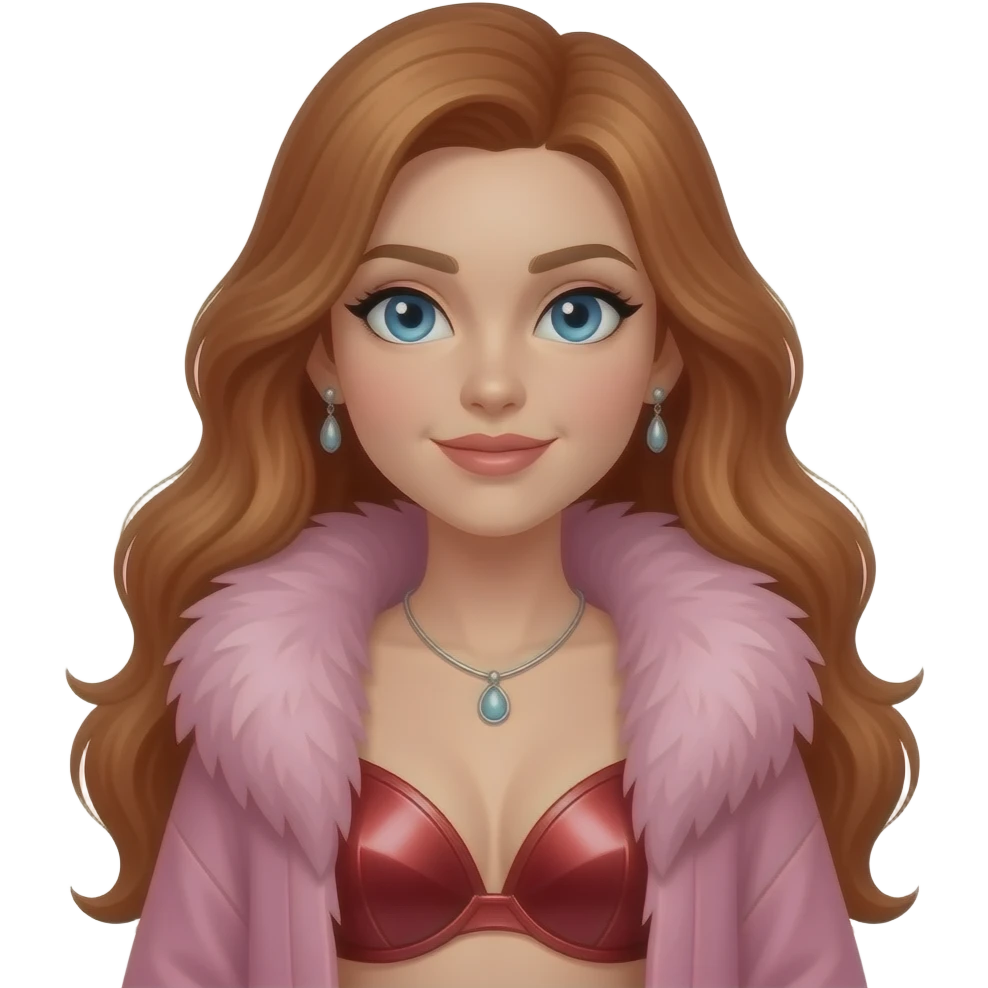 Chappell Roan with blue eyes, long auburn hair, pink fur shawl, crimson metallic bra, crimson metallic leggings, necklace and earrings emoji
