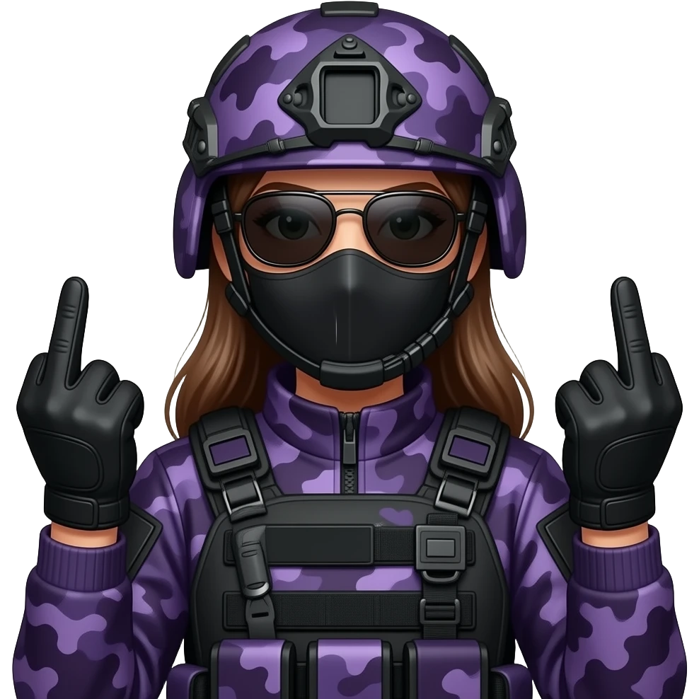 Woman with long hair in large black aviator sunglasses dark purple camoflage tactical gear helmet and mask giving the finger two times in black gloves emoji