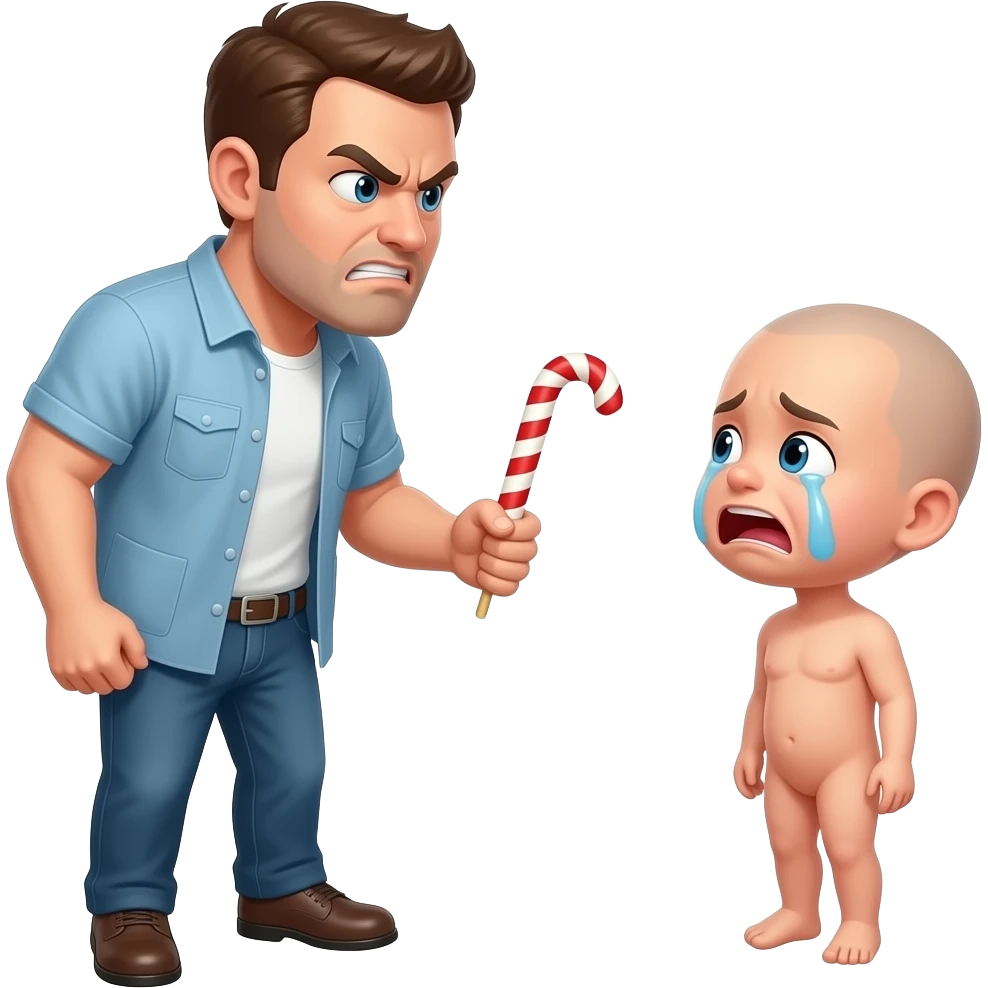 An angry clothed man with a thin whippy stick  and a loudly crying small naked man facing each other with full bodies shown n emoji