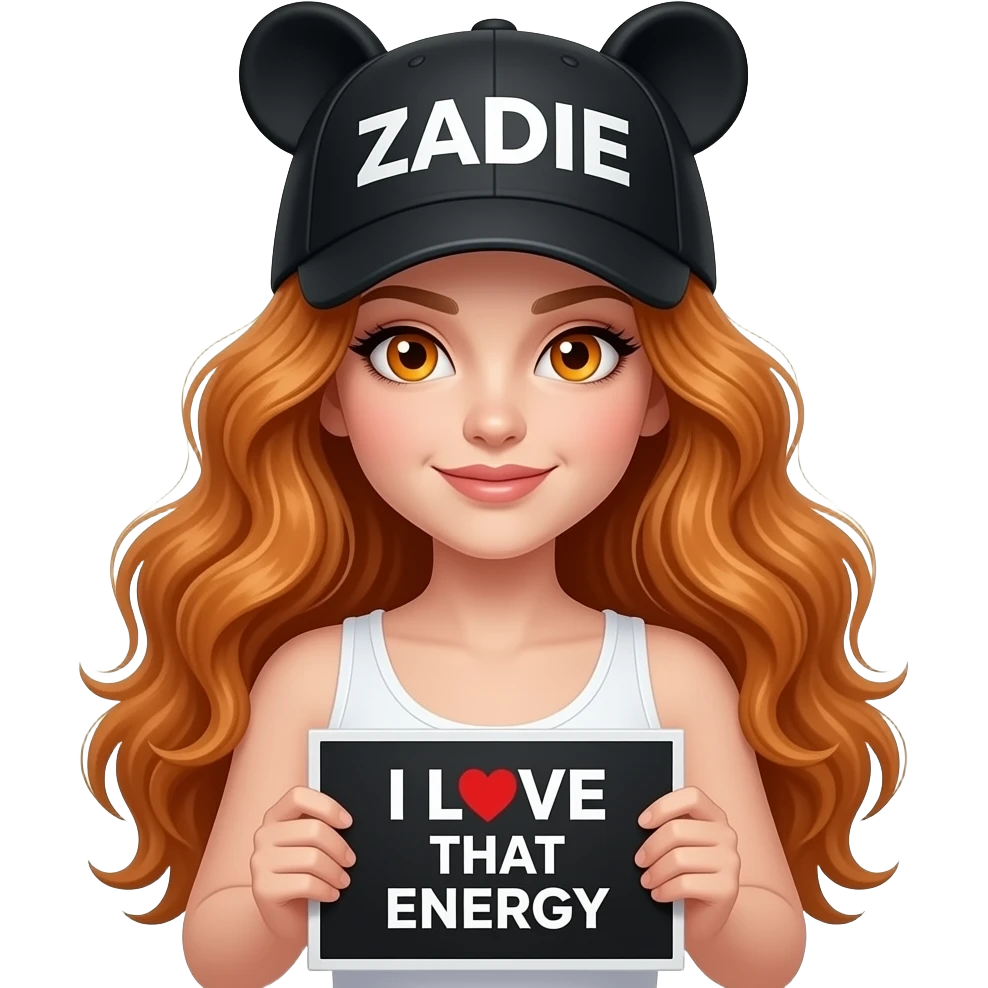 sexy girl with overlong wavy ginger hair and ginger eyes wearing a white tanktop and a black hat with ears with ZADIE written on it is holding a black sign with I LOVE THAT ENERGY on it emoji