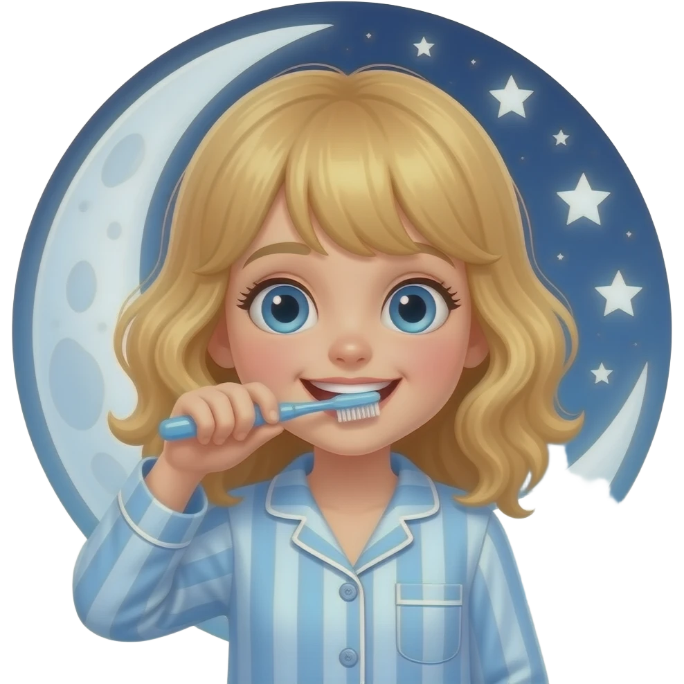 white kid blue eyes mid length hair to her shoulders with bangs soft curly hair to shoulders in color: middle to little darker blond. brushing her teeth in pyjamas with a moon and stars behind her emoji