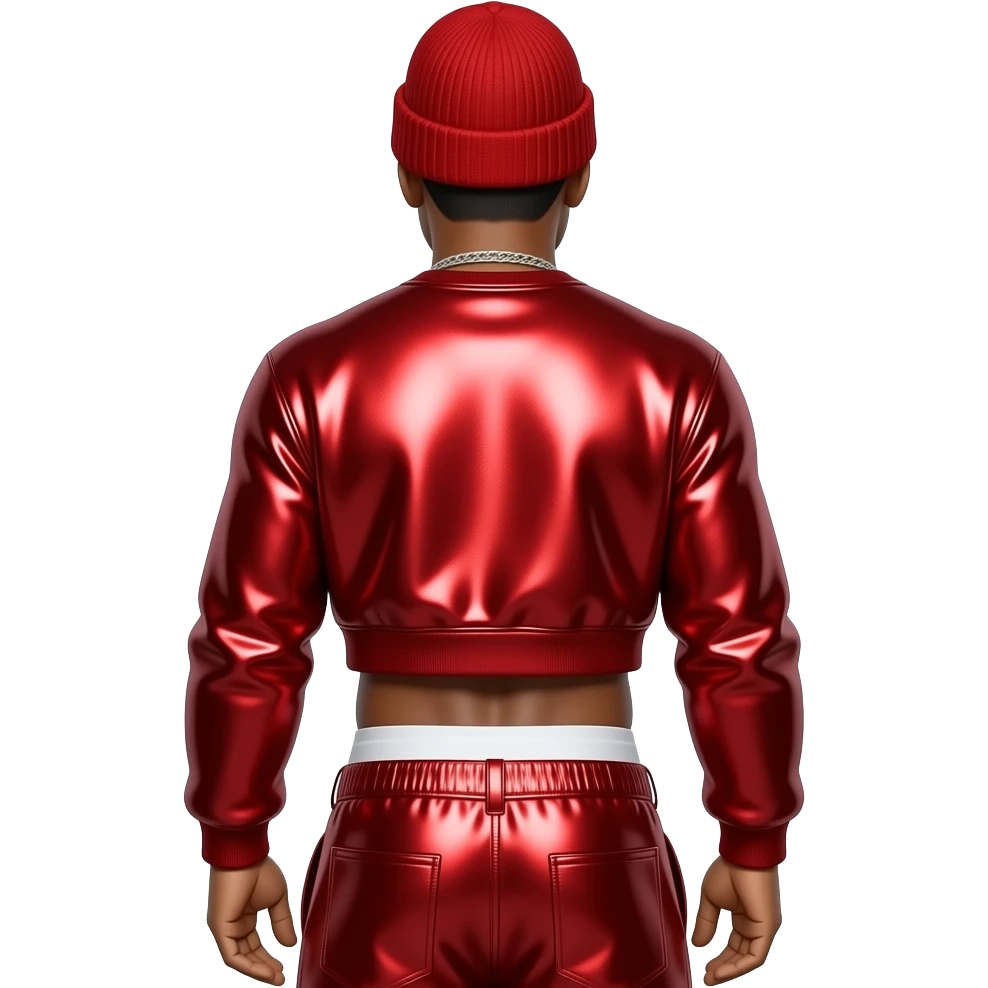 LL Cool J from behind with red metallic beanie, red metallic sweatshirt crop top, red metallic saggy pants with white undies emoji