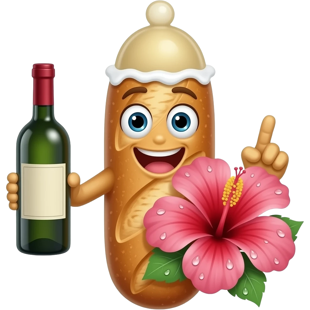 Baguette avec bouche yeux et bras, avec un preservatif sur le haut de la tete et une bouteille de vin dans la main. L'autre main a 2 doigts tendus et collés touchant le centre d'un hibiscus qui a beaucoup de gouttes d'eau sur les petales. Le bout du preservatif est rempli d'un liquide blanc emoji