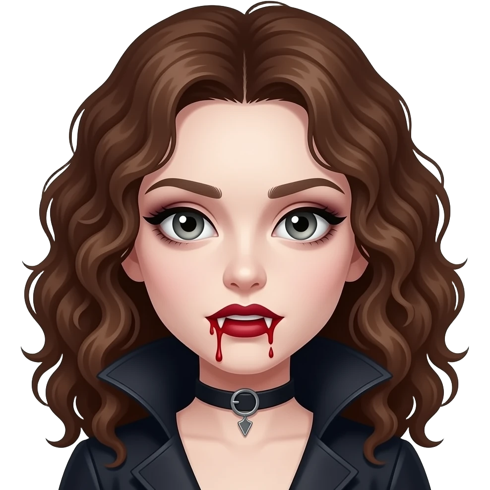A vampire girl with curly brown hair, blood on her mouth, and fangs, with pale skin and not very strong dark circles under her eyes, iOS 16 style. emoji