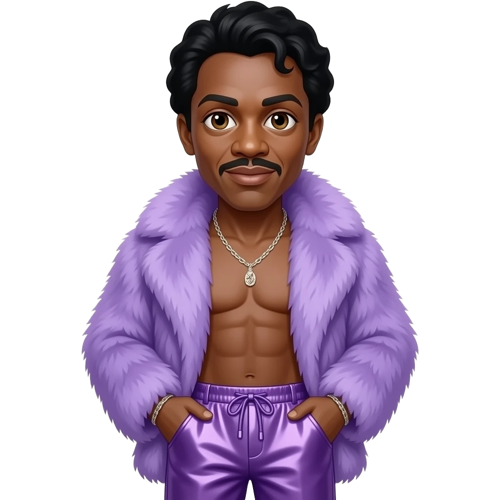 Ike Turner with brown eyes, black hair, lavender fur shawl, lavender metallic baggy pants, shirtless with necklace emoji