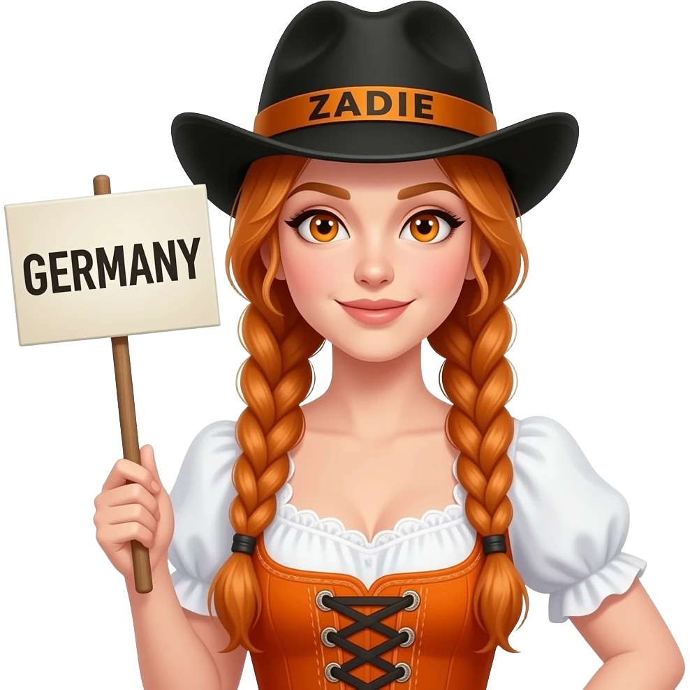 sexy girl with overlong ginger braids and ginger eyes wearing a orange dirndl and a black bavarian hat with ZADIE written on it, is holding a sign with GERMANY written on it emoji