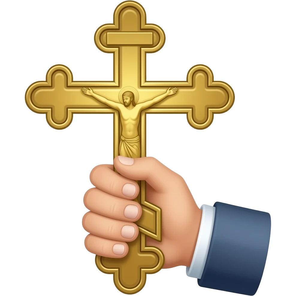 Hand holding large Greek Orthodox cross emoji