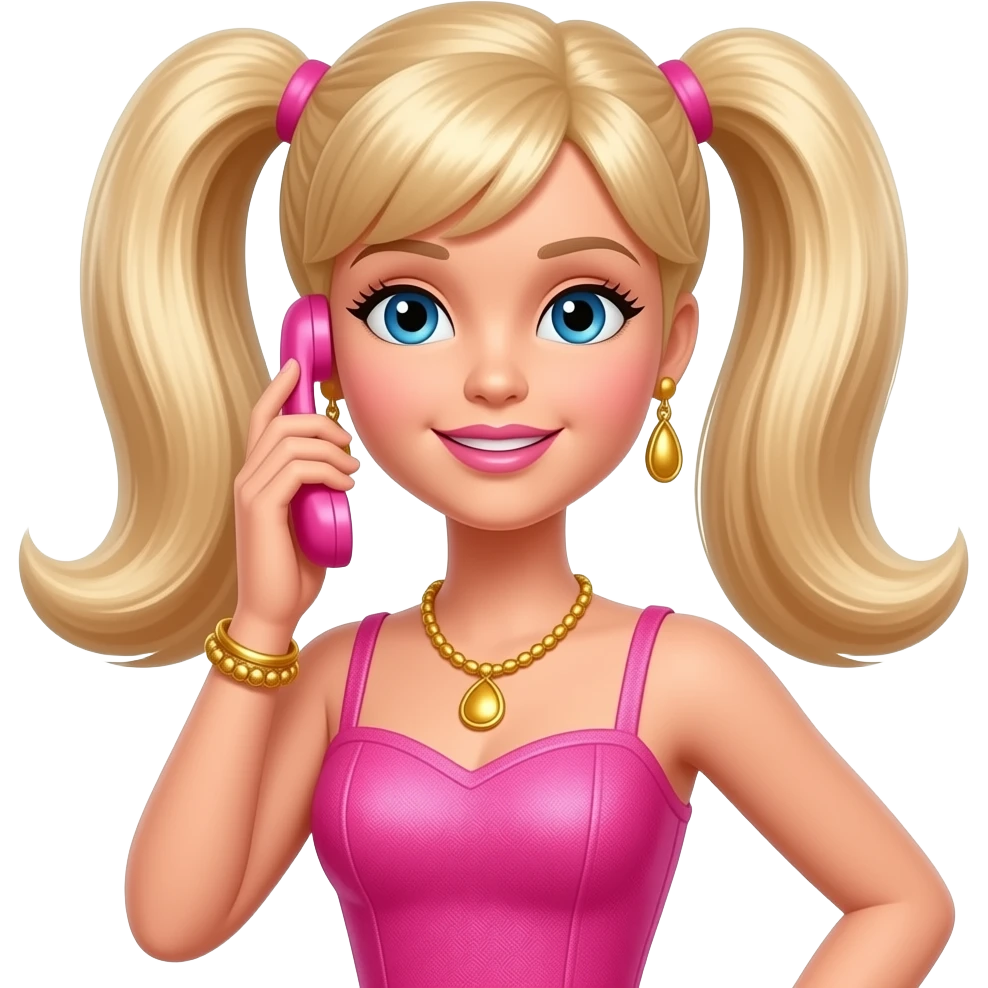 a blonde Barbie with pigtails, wearing a pink dress, holding a pink phone, and wearing gold jewelry emoji