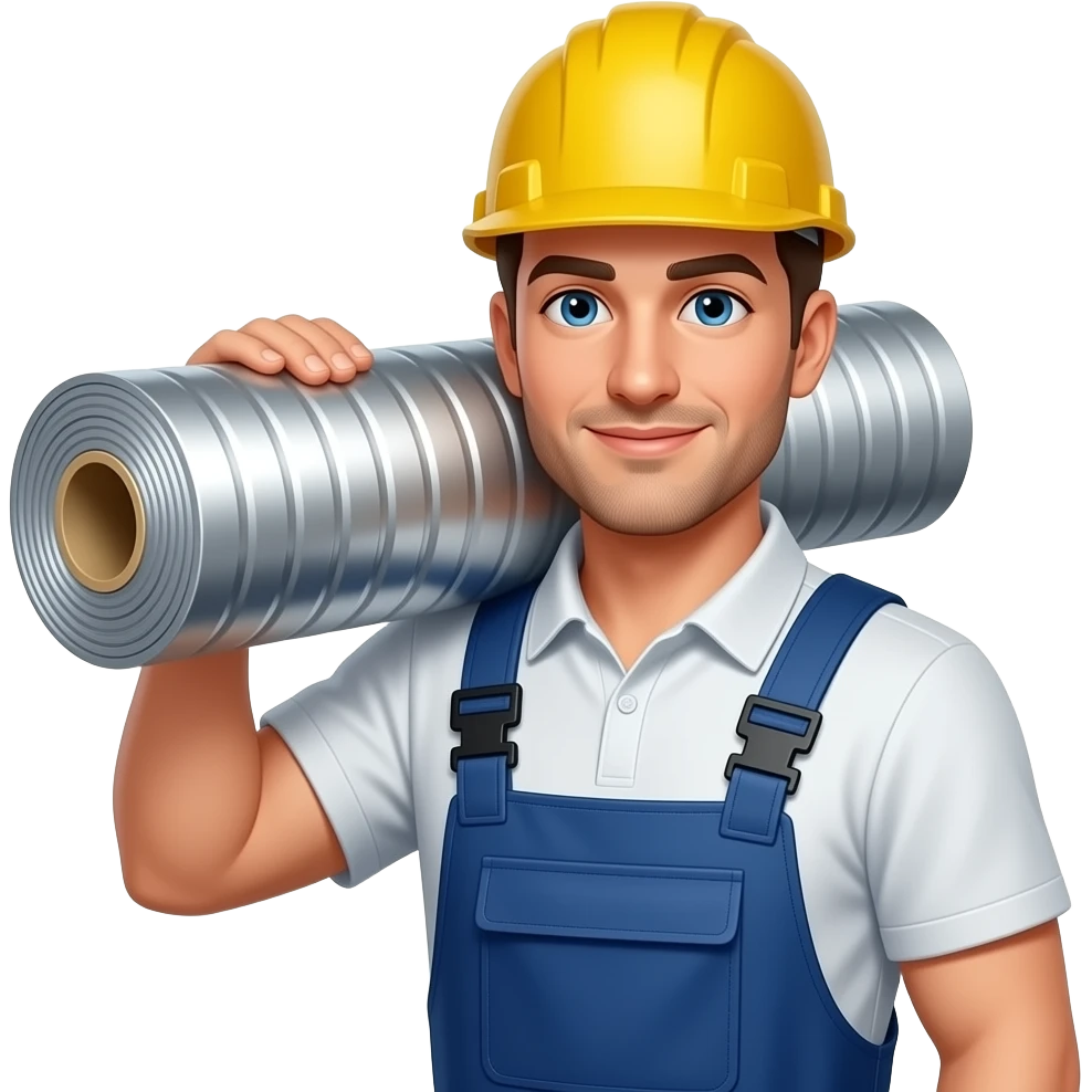 hombre con ropa de obrero con un rollo de membrana aluminio de kovertech 40kg en el hombro emoji