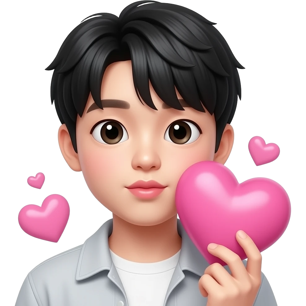 Sending kiss Cute Korean boy emoji, soft black straight bangs, pale skin, 😘 blowing lips, gentle round eyes, sending a big 3D pink heart near cheek, glossy 3D Pixar-style render, realistic Korean idol vibe, just face only emoji