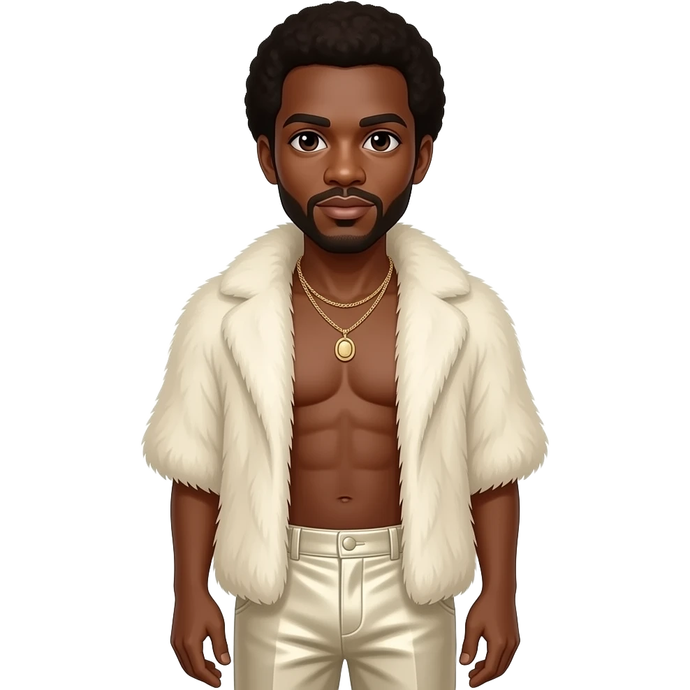Maurice White with brown eyes, dark brown short afro hair, ivory fur shawl, ivory metallic baggy pants, shirtless with necklace emoji