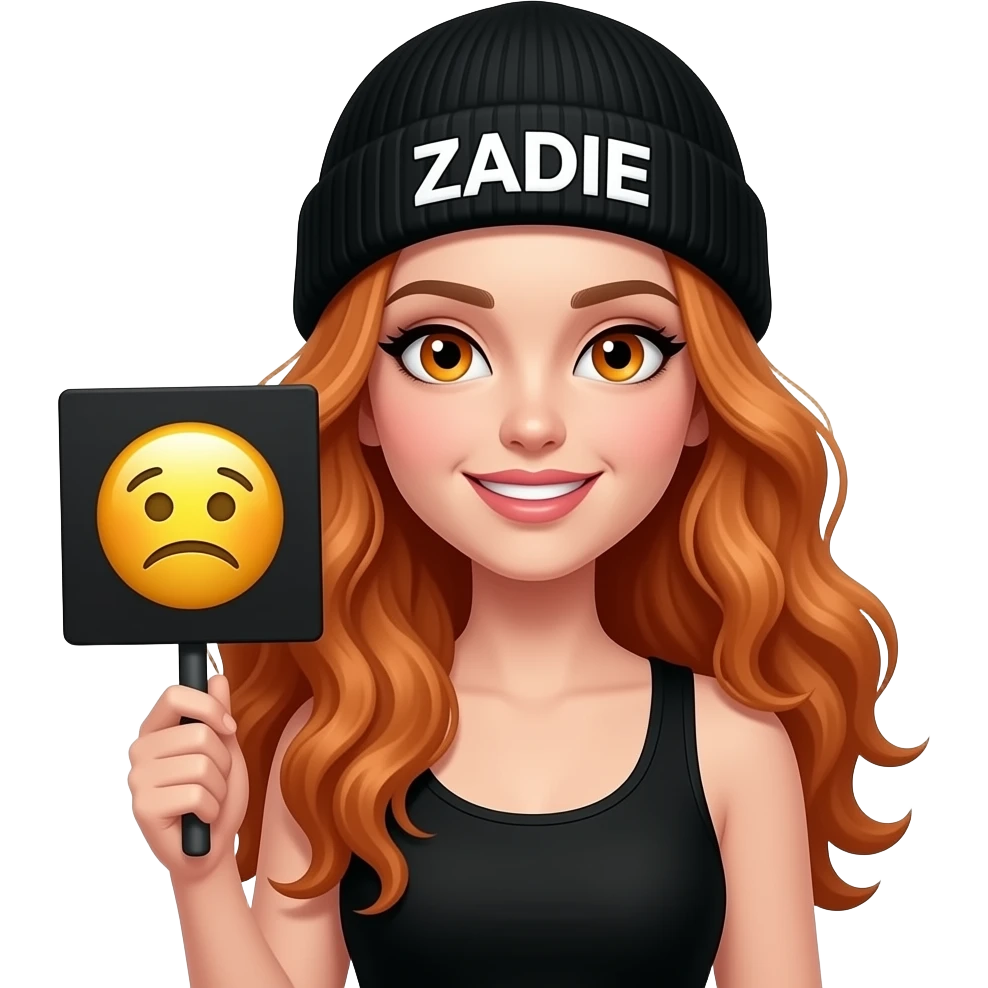 sexy girl with overlong wavy ginger hair and ginger eyes wearing a black tanktop and a black beanie with ZADIE written on it, is holding a black sign with 😤 on it emoji