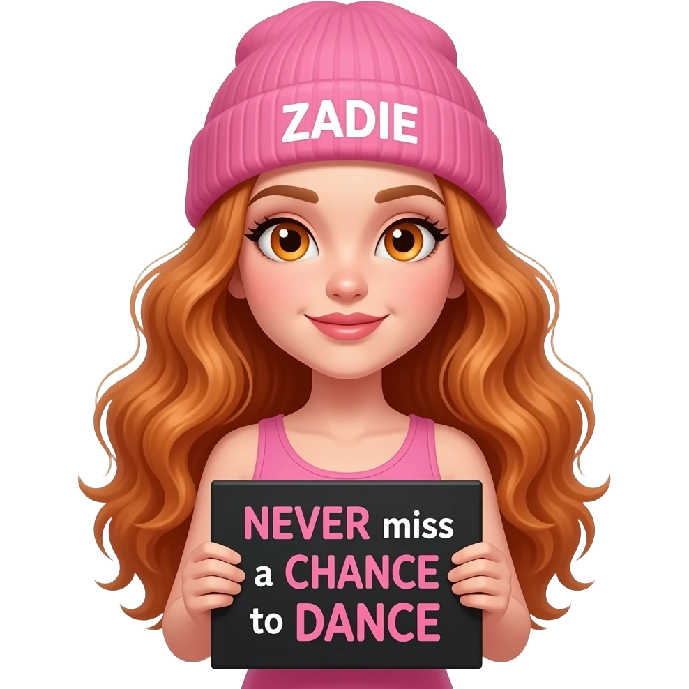 sexy girl with overlong wavy ginger hair and ginger eyes wearing a pink tanktop and a pink beanie with ZADIE written on it, is holding a black sign with NEVER miss a CHANCE to DANCE written on it emoji