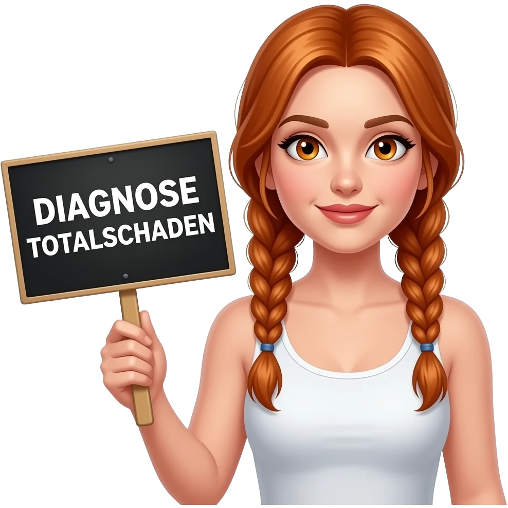 sexy girl with long ginger braids and ginger eyes wearing a white tanktop is holding a black sign with DIAGNOSE TOTALSCHADEN written on it emoji