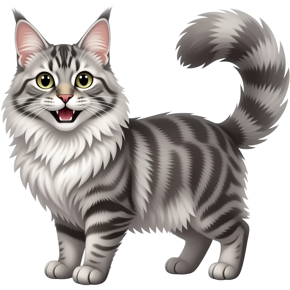 Silver tabby Maine coon with laugh, more fur，thin emoji