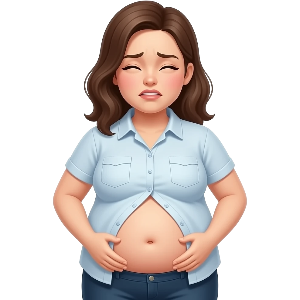 a girl with a huge stomach that is full to bursting,so bloated that she gets a tummyache,her bellybutton is poking out and her shrunk tight shirt buttonholes are at breaking point. emoji
