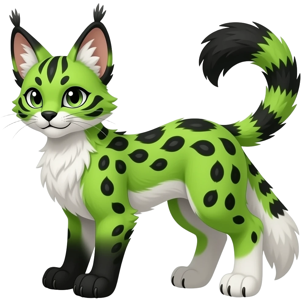 Cute kawaii cool edgy badass neon-green fur with obsidian-onyx-black points and snowy-white belly fantasy-caracal-civet-genet-sergal-vernid-Gryphon-Cacomistle-Trico-oncilla-animal-Fakémon-hybrid-fursona (full body), facial markings, (realism style) emoji