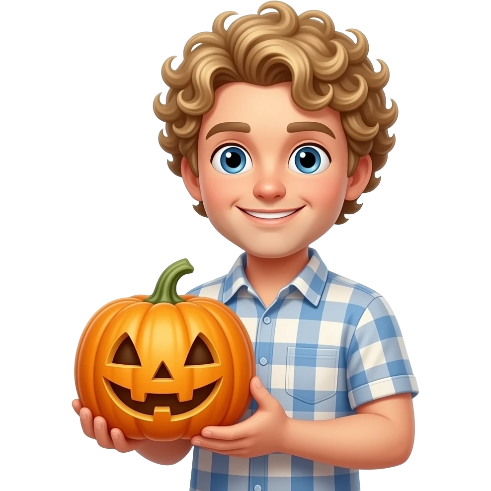 curly haired blonde man holding cute pumkin emoji