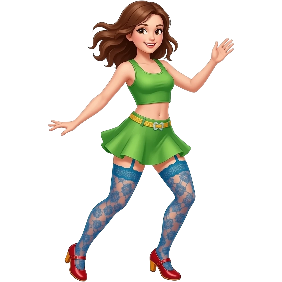 Girl(With Red Shoes With Orange Trim) Jumps And Lifts Green Short Dress Without Sleeves Up To See Blue Lace Stocking With Teal Garter Belt With Lace Yellow Panties And Belly Button In Skating Windy Dancing. emoji