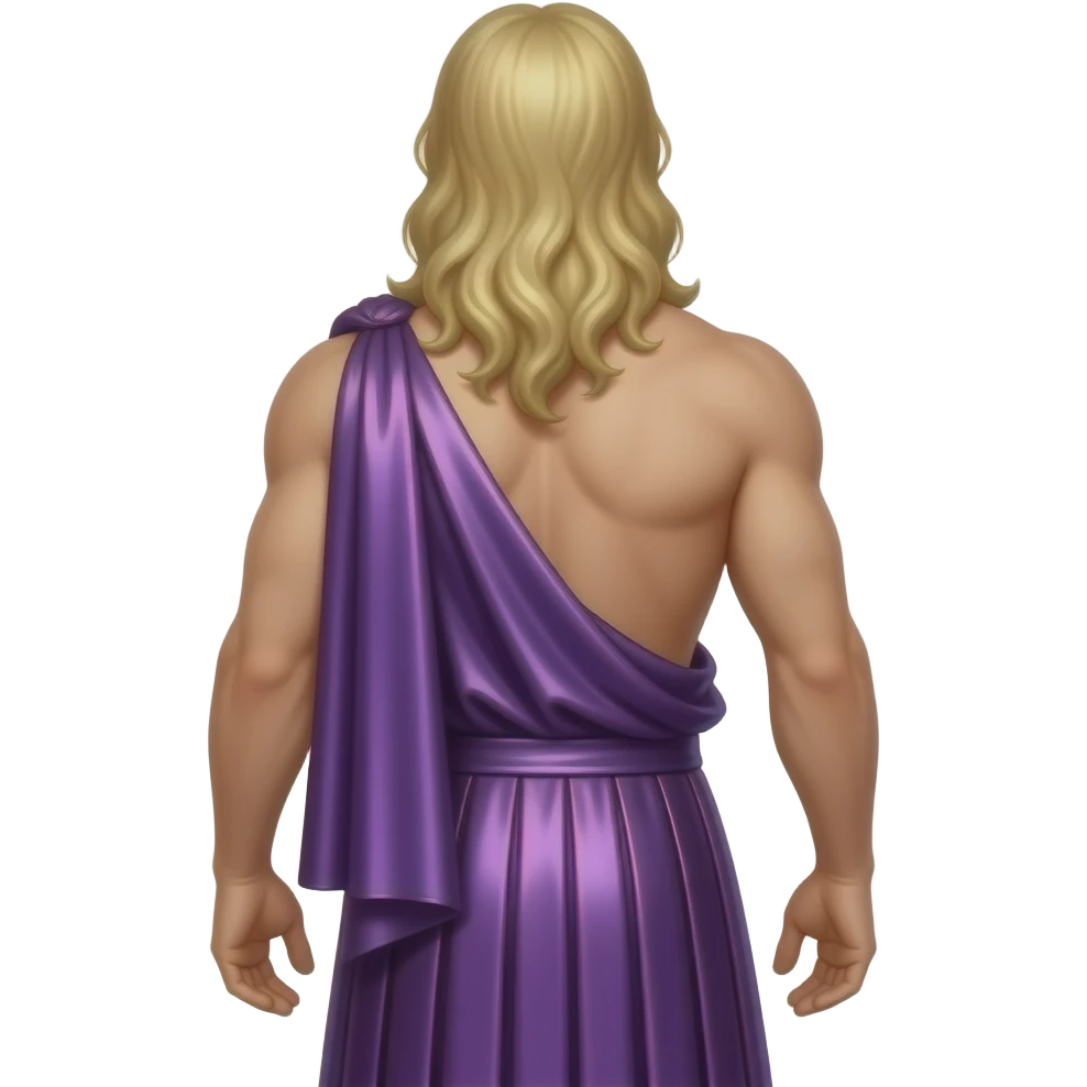 Zeus from behind with long blonde hair, purple metallic toga skirt emoji