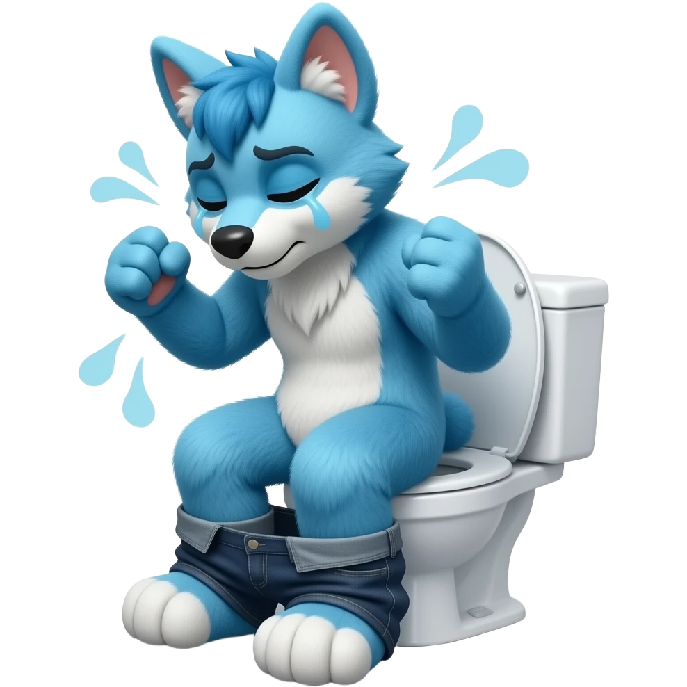 blue fursuit sitting on toilet, side view, pants down, straining, both fists, eyes closed, pushing, squeezing, sick emoji