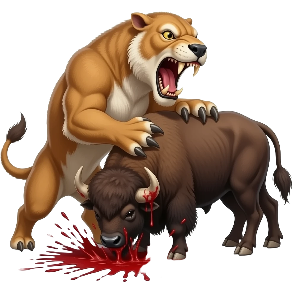 Smilodon and bison battle with blood the bison dies emoji