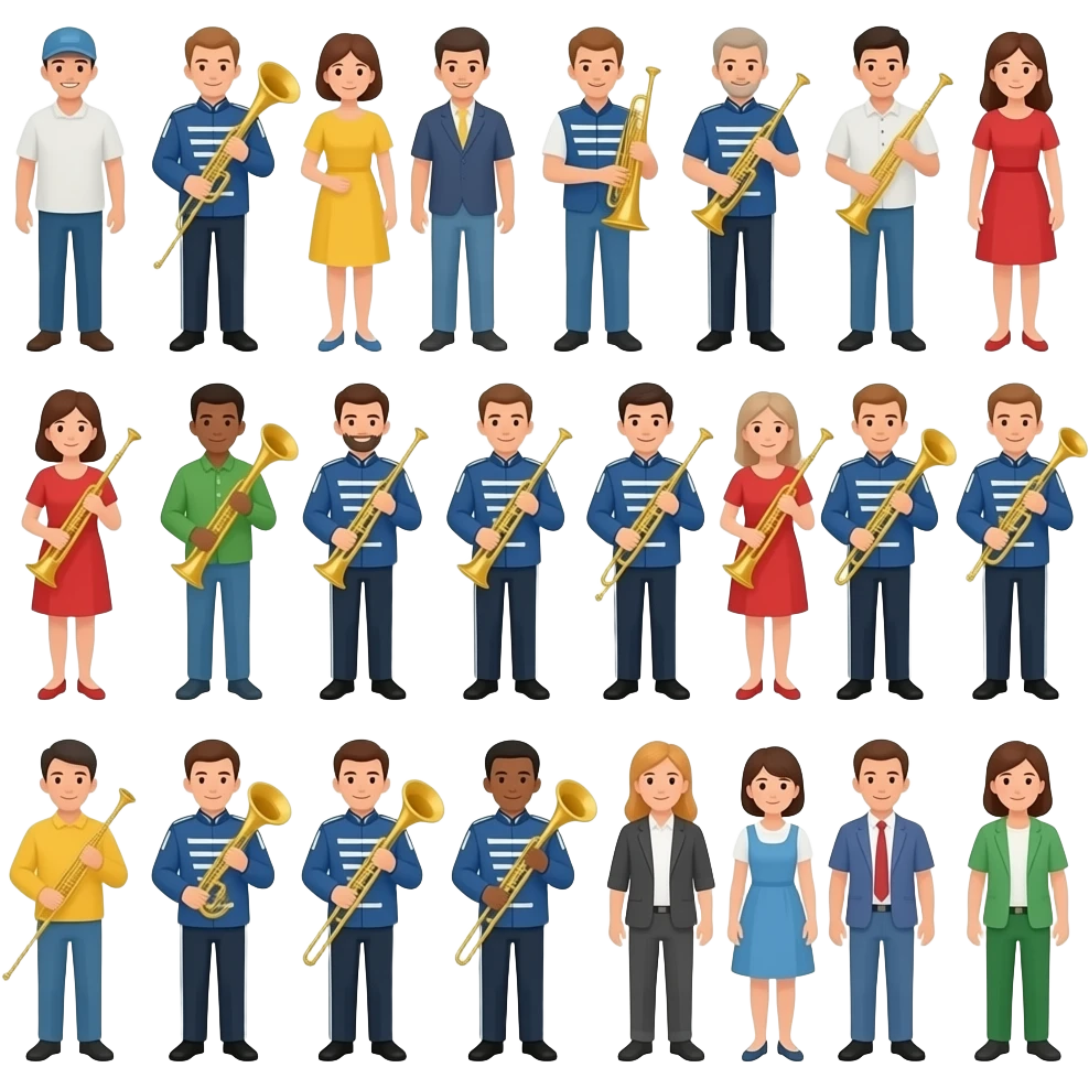 Marching band; many different people emoji