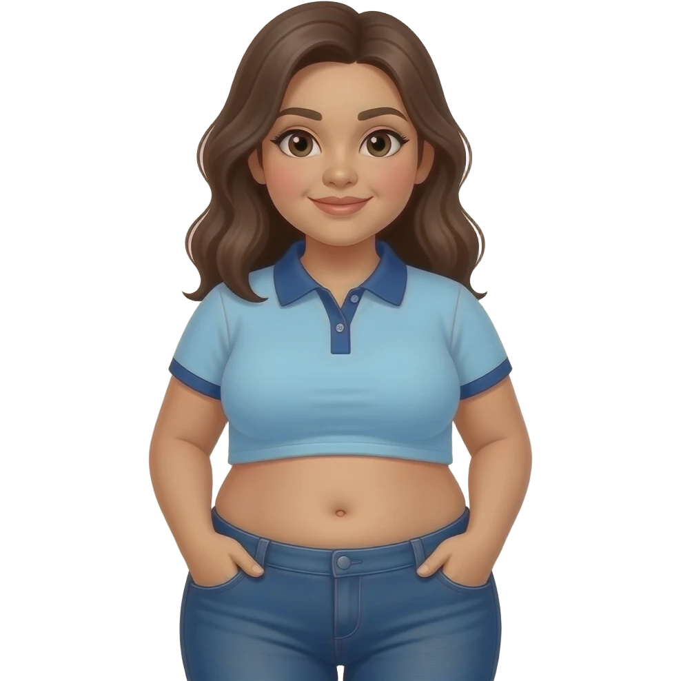 Fat hispanic girl with brown hair, light blue and dark blue line polo, and dark blue jeans with a fat belly button emoji