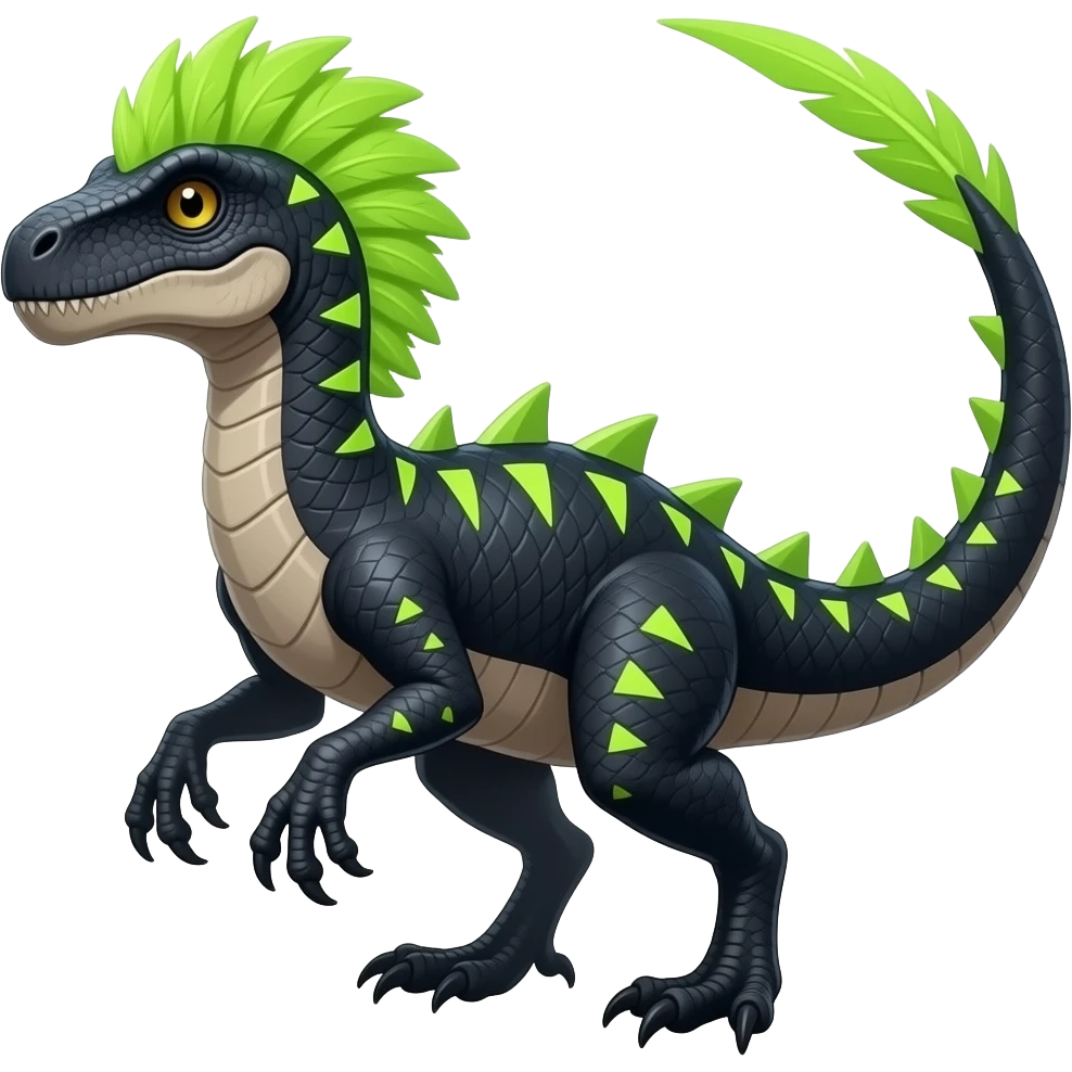 Cool edgy ancient black-scaled with neon-colored triangular stripe markings digitigrade vintage futuristic raptorik fantasy-Cyberpunk-Steampunk-Solarpunk-Genesect-Salamence-Tyranitar-Vernid-Fionbri-Fakémon-animal-hybrid, with neon-green feather-mane, and a tail blade, back spikes, full body emoji