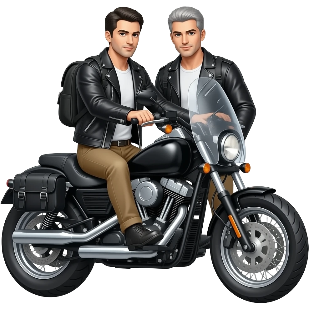 Black and gray short hair clean shaven man with no beard in black leather jacket and black shirt and tan pants riding on a harley with a windshield and saddlebags emoji