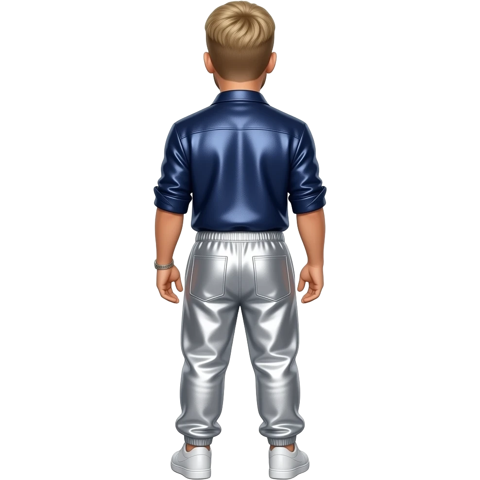 Justin Timberlake from behind with blonde hair, navy metallic shirt, silver metallic baggy joggers emoji