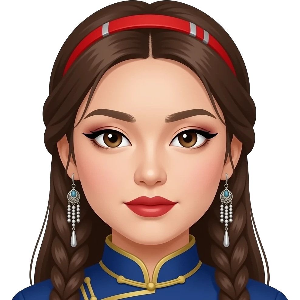 asian mongolian with long brown 2 braided hair left side parted with mongolian earrings and monolid eyes and siren eyeliner and eye inner corner eyeliner fox eye narrow eyes, with small mono lid eyes with red hair band with black asian eyes and darker ombre y2k red lips emoji