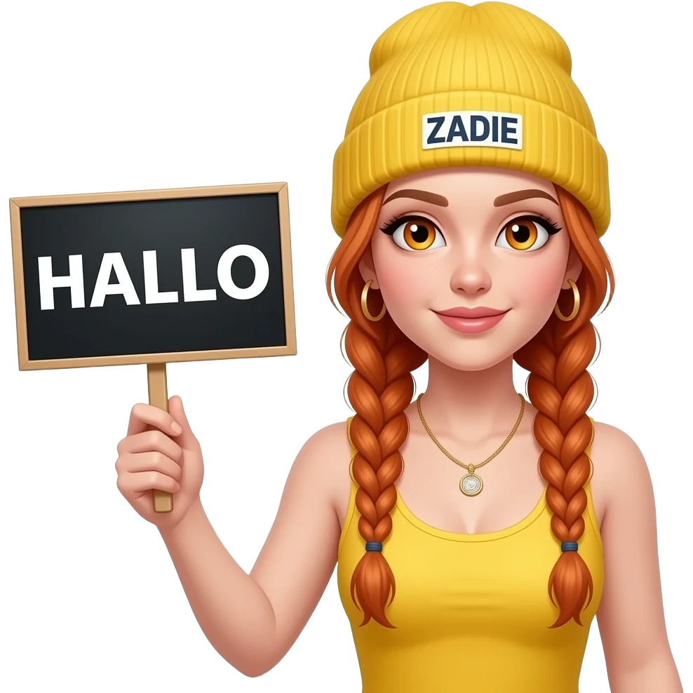 sexy girl with overlong ginger braids and ginger eyes wearing a yellow tanktop and a yellow beanie with ZADIE written on it, is holding a black sign with HALLO written on it emoji