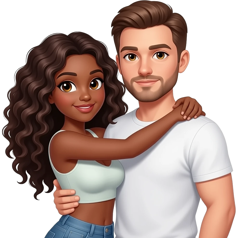 Darker Mixed girl long curly hair big boobs in a short crop top. hugging a white man short brown hair with a short beard with hazel eyes emoji
