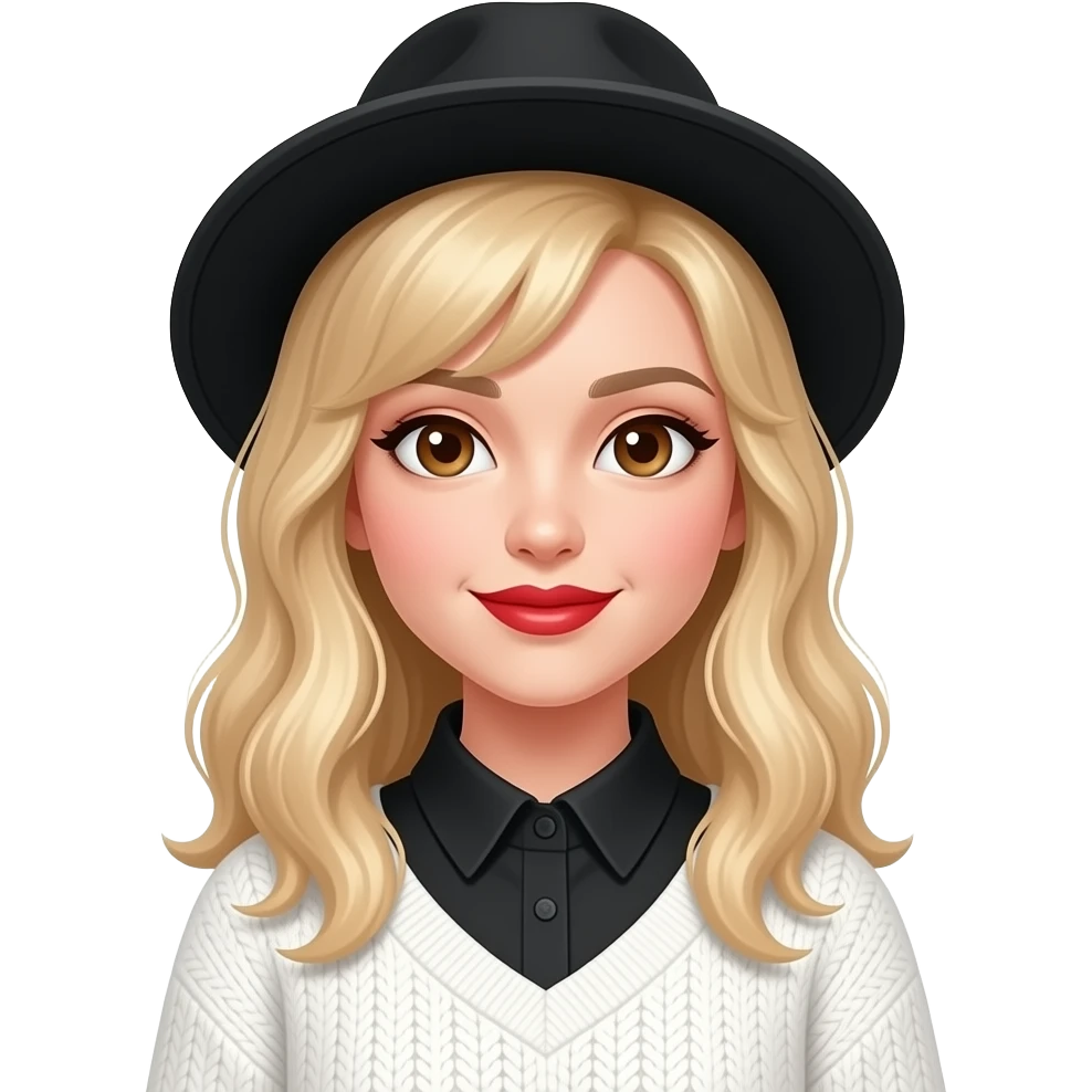 Niña de cabello rubio y sombrero negro y ojos café camisa negra y suéter blanca y labios rojos emoji