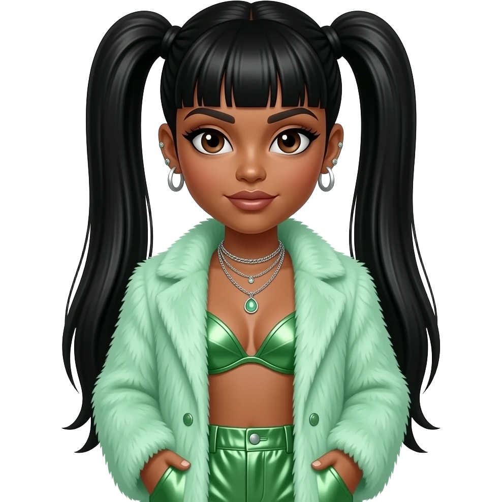 Lisa Left Eye Lopes from TLC with medium brown skin, dark brown eyes, black straight two high ponytail bang hair, mint green fur coat, green metallic bra, green metallic baggy pants, necklace and earrings emoji