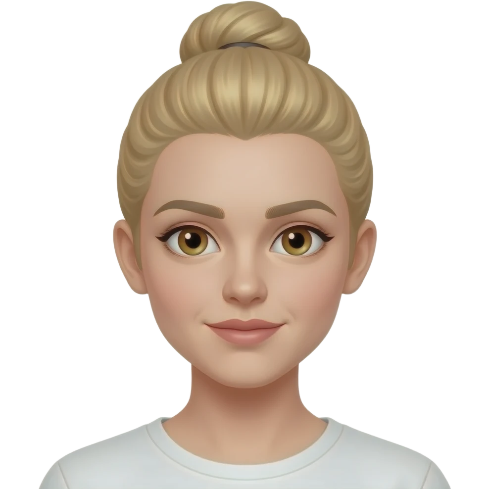 blonde hair in a bun, brown eyes, pale skin emoji