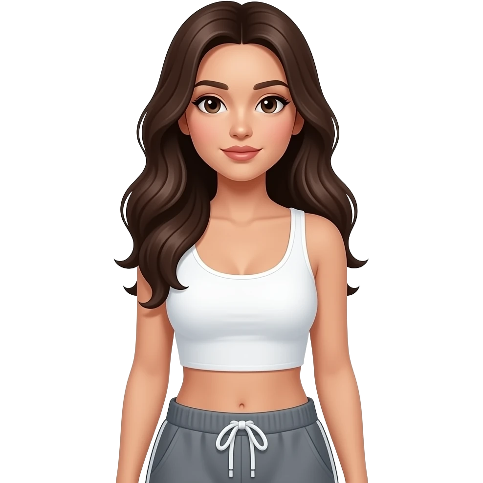 지금 상태에서 여자 긴머리로 흰티 크롭티 조거팬츠 회색 emoji