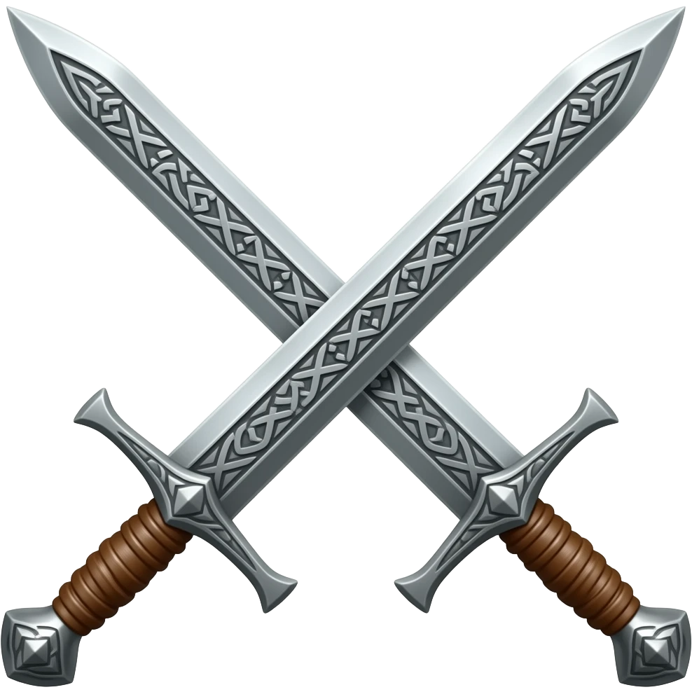Two swords, Right sword over the left sword, in a X pattern, engraved with ornate Norse markings, wooden handles with leather straps emoji