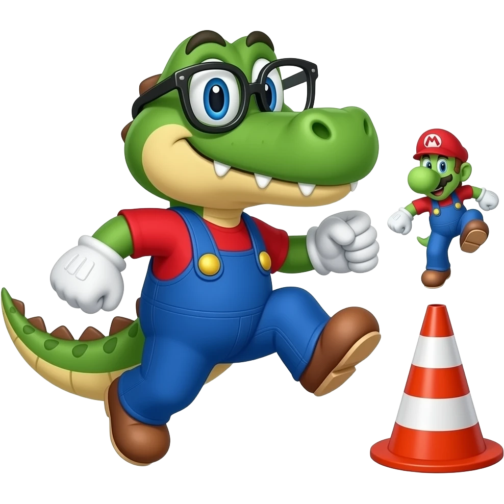 Make a cartoon crocodile gloves with Mario jumps in conic  and crocodile has glasses emoji