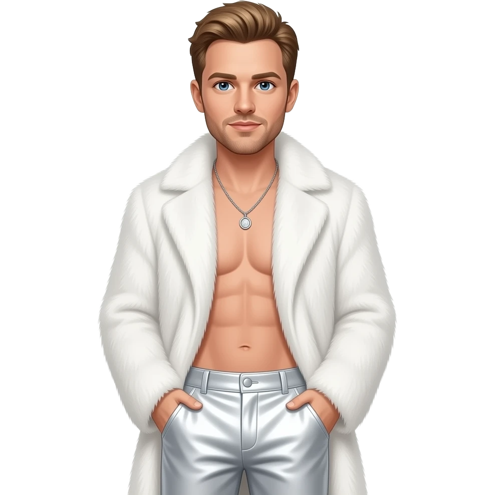Brian Littrell with blue eyes, light brown hair, white fur coat, white metallic baggy pants, shirtless with necklace emoji