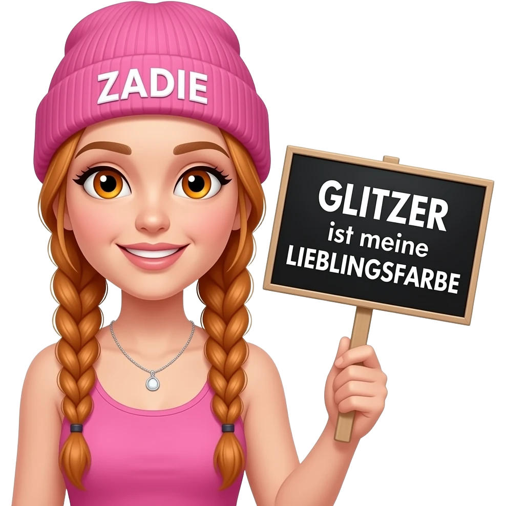 sexy girl with overlong ginger braids and ginger eyes wearing a pink tanktop and a pink beanie with ZADIE written on it, is holding a black sign with GLITZER ist meine LIEBLINGSFARBE written on it emoji
