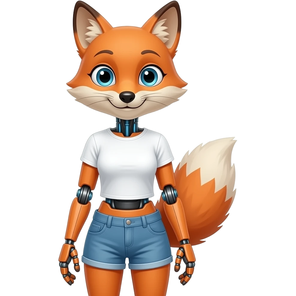 A humanoid robot female fox wearing a tee shirt and shorts emoji