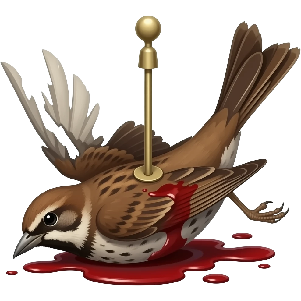 A 2D render iPhone emoji icon of a detailed Brown and red color of a dead songbird pinned up with its wings sprawled out and mangled and blood underneath the bird emoji