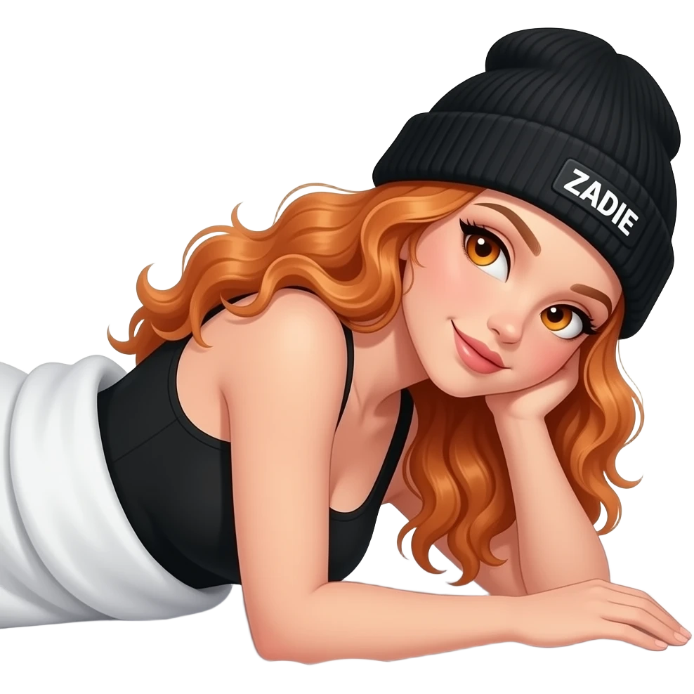 sexy girl with overlong wavy ginger hair and ginger eyes wearing a black tanktop and a black beanie with ZADIE written on it,  is lying on the side in bed emoji