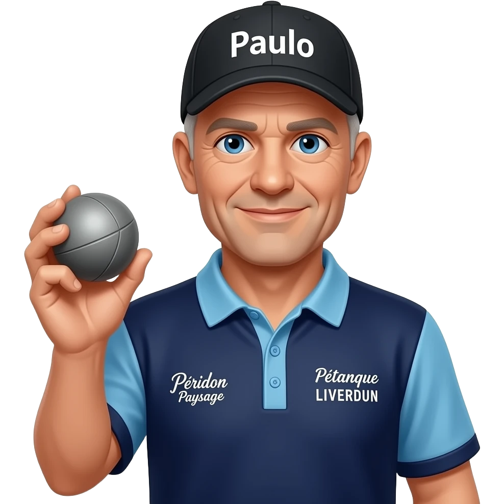 homme 60 ans pas très beau yeux bleus rasé, casquette noire  "Paulo" inscrit dessus, boule de pétanque grise à la main sur maillot bleu foncé avec col trois boutons bleu clair et avec épaules seules bleu clair coté bras bleu foncé inscription droit "Pétanque LIVERDUN, côté gauche "Péridon Paysage" emoji